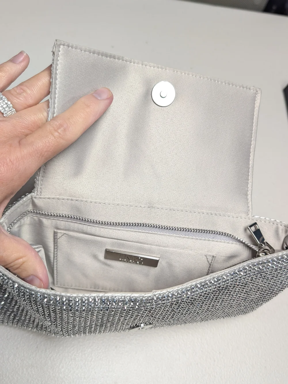 INC International Concepts Silver Crystal Rhinestone Chain Clutch